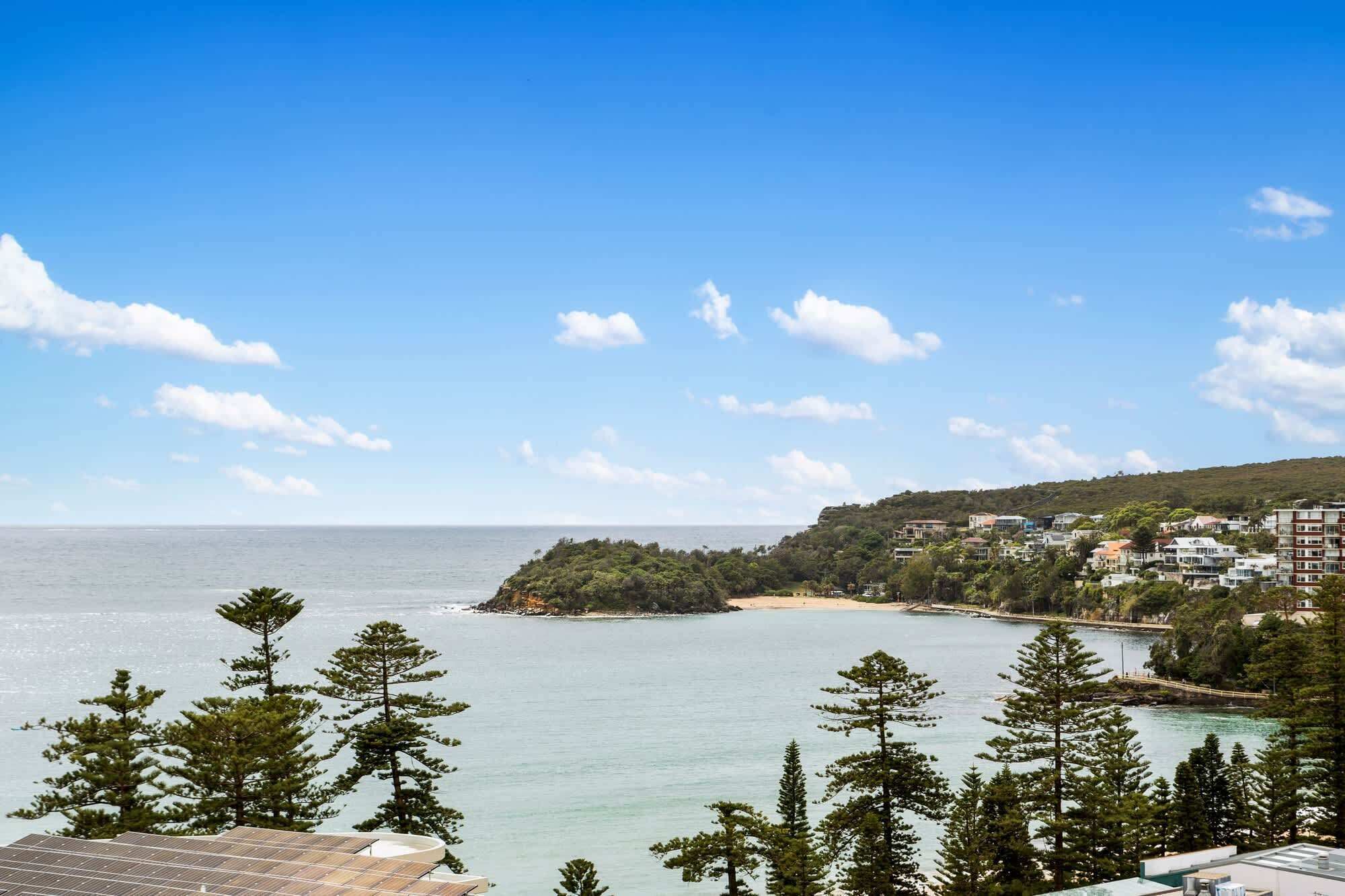 A coastal view with a beach, forested area, and residential buildings.