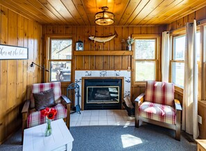 TV, fireplace, DVD player, books