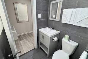 A bathroom with a white sink, a toilet, and a mirror.
