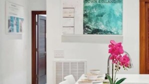 Ein moderner Essbereich mit einem langen Tisch, gedeckt für sechs Personen, weißen Stühlen und einer dekorativen Orchideenpflanze.