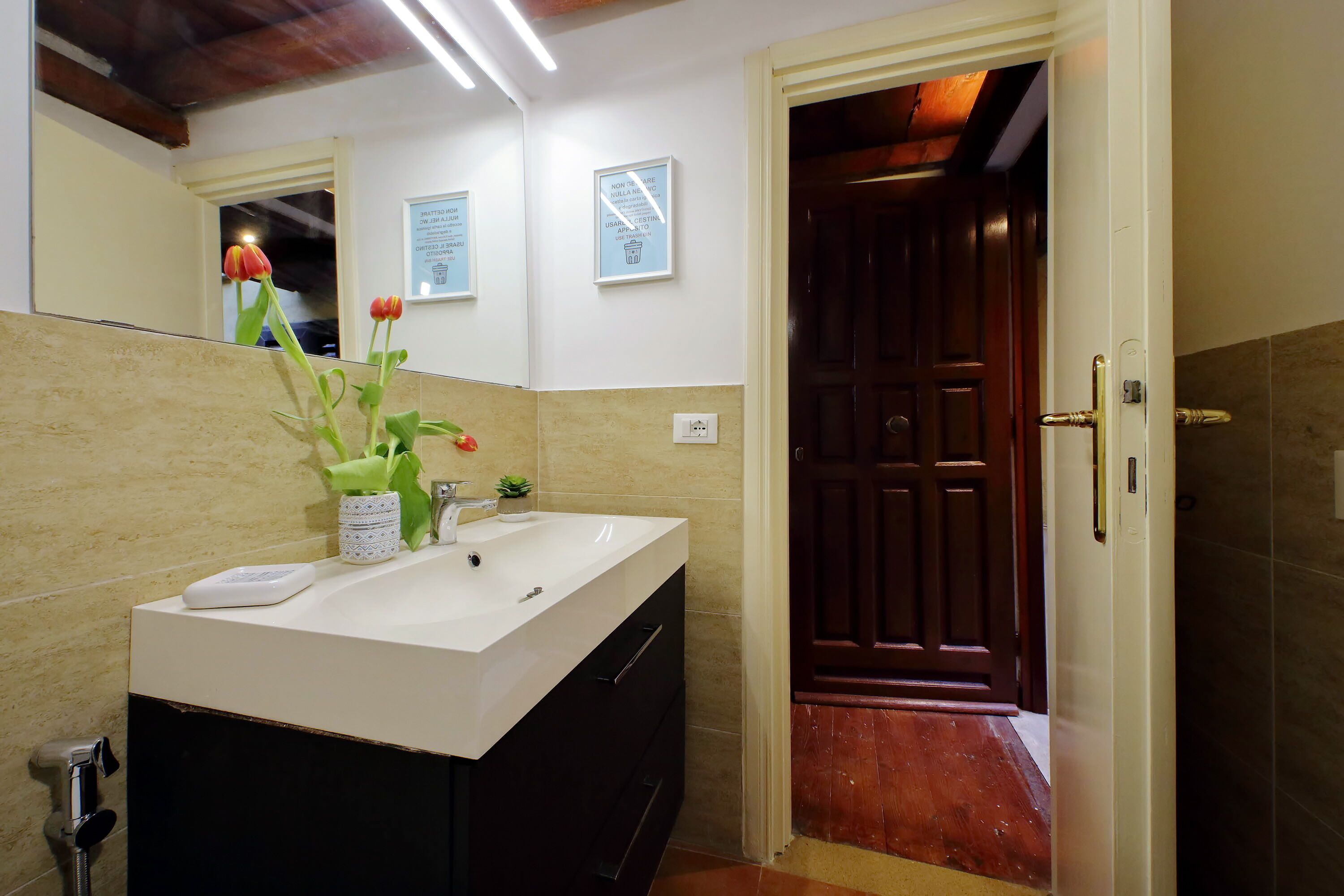 A bathroom with a white sink, a mirror, a towel, and a potted plant.