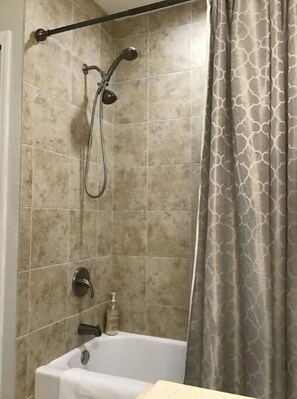 Hair dryer, towels, soap, shampoo