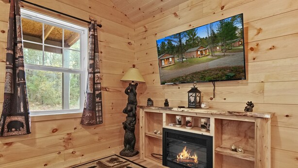 A cozy room with a fireplace, wooden walls, a television, and a window with curtains.