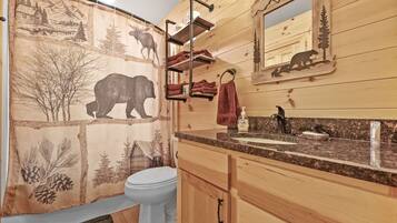 Hair dryer, towels, soap, shampoo