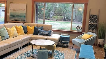 Smart TV, fireplace, video games, foosball