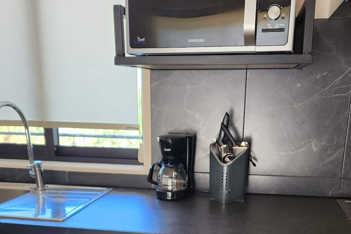 mini-fridge, microwave, stovetop, coffee/tea maker