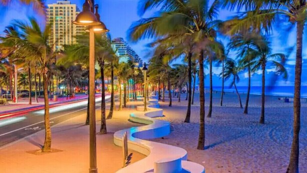 Eine Uferpromenade mit Palmen, einer gebogenen weißen Bank und einer Straße mit Lichtspuren.