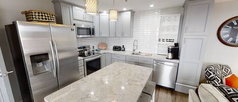 Fridge, microwave, oven, dishwasher