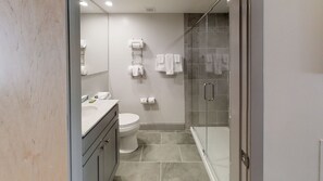 Features a large mirror, separate toilet, and glass-enclosed shower area.