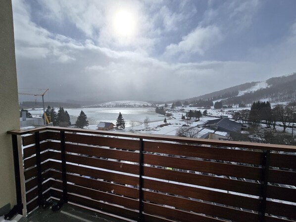 A balcony with a view of a snowy landscape, including a body of water and distant buildings.