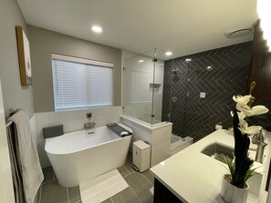 Shower, hair dryer, towels, soap