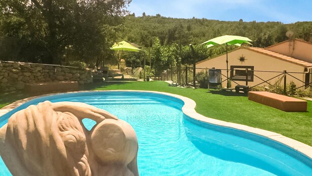 A swimming pool with a stone wall on one side and a grassy area with umbrellas and a building in the background. - 5 bedroom lovely home in Rians (Rians)
