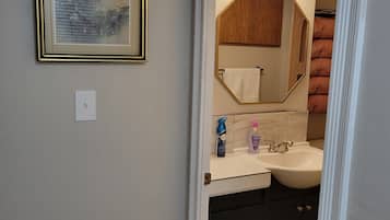 Hair dryer, towels, soap, shampoo
