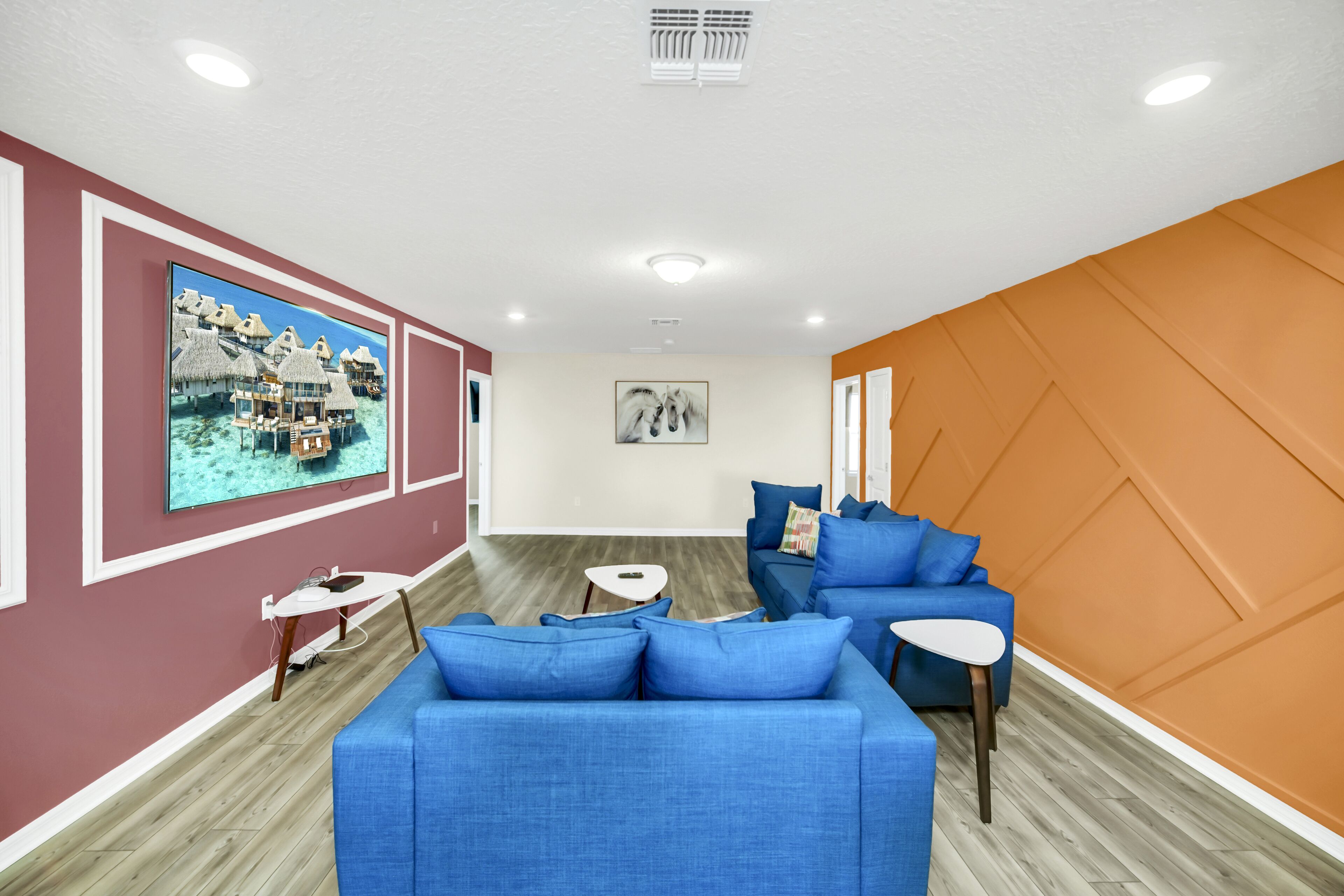 Smart TV, video games, DVD player, foosball