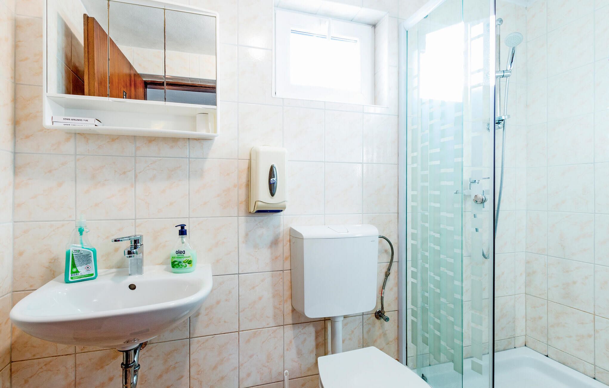 A bathroom with a sink, mirror, shelf, toilet, and glass shower enclosure.