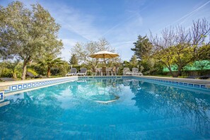 A clear blue pool with lounge chairs and an umbrella, surrounded by trees and greenery.