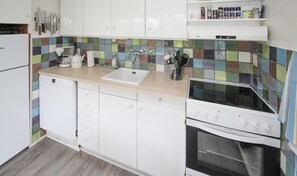 Køleskab, kogeplade, opvaskemaskine, køkkentøj/tallerkener/redskaber