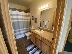 Combined shower/tub, hair dryer, towels