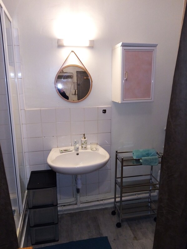 Shower, hair dryer, towels, soap - Au petit marché apartment, 22m2 (Aix-en-Provence)