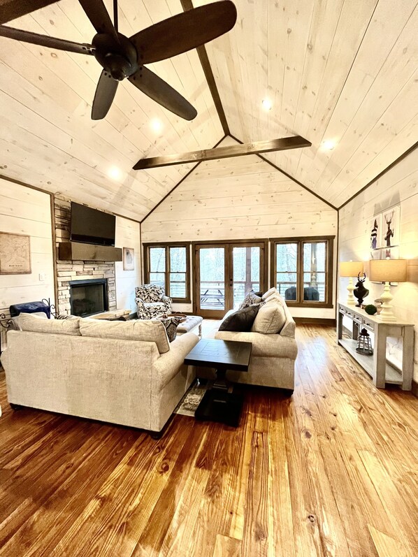 Smart TV, fireplace, books