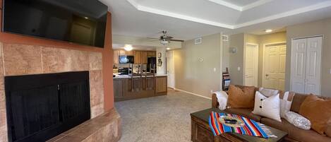 Smart TV, fireplace, table football, computer monitors