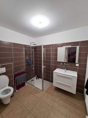 Shower, hair dryer, towels, soap