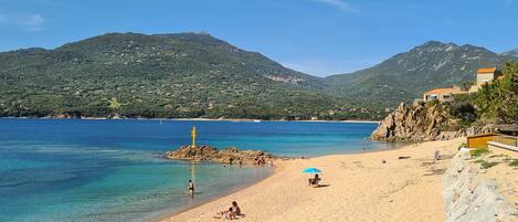 On the beach, sun loungers