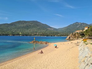 On the beach, sun-loungers