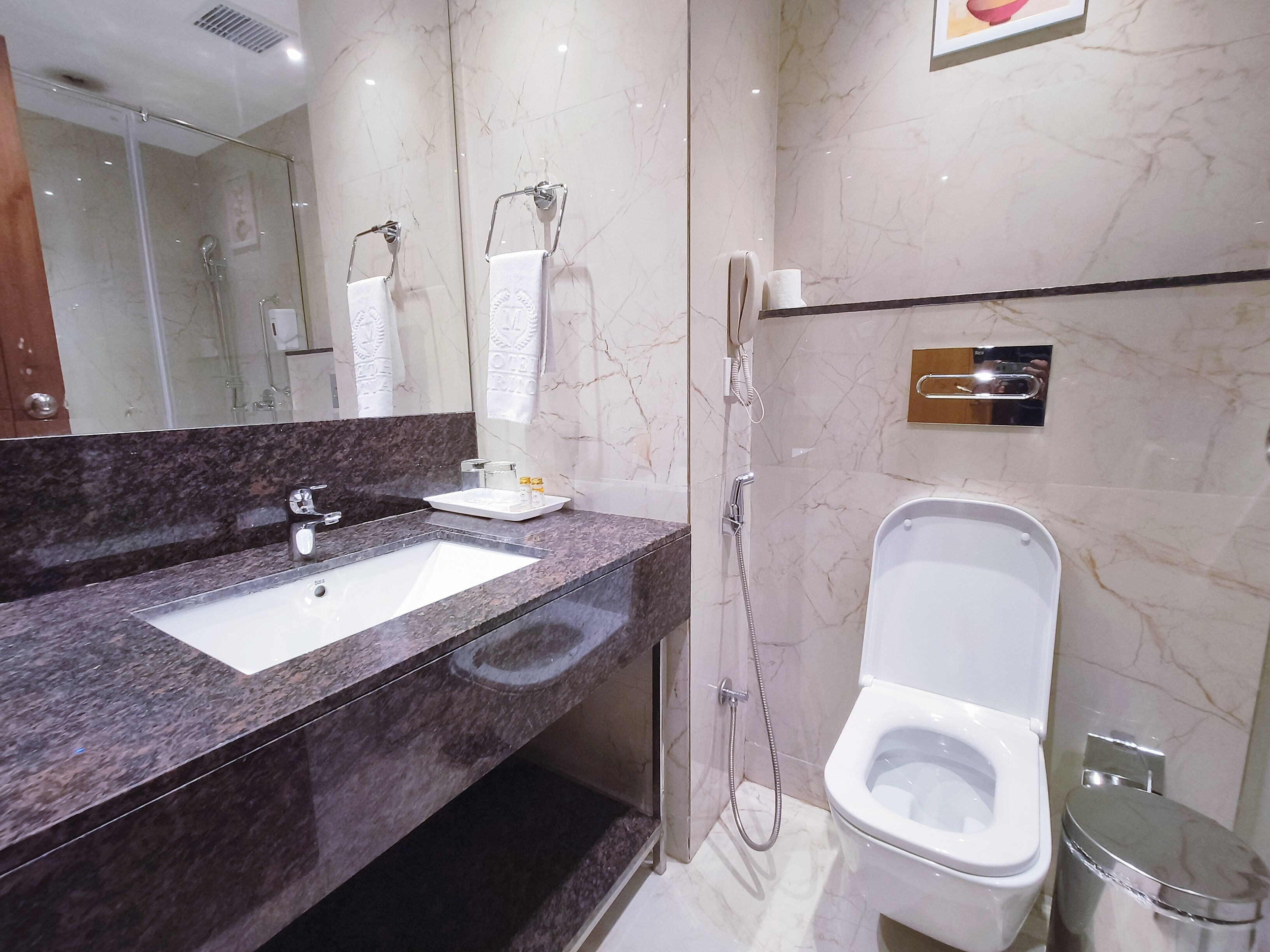 A modern bathroom with a marble vanity, a separate toilet, and a shower.