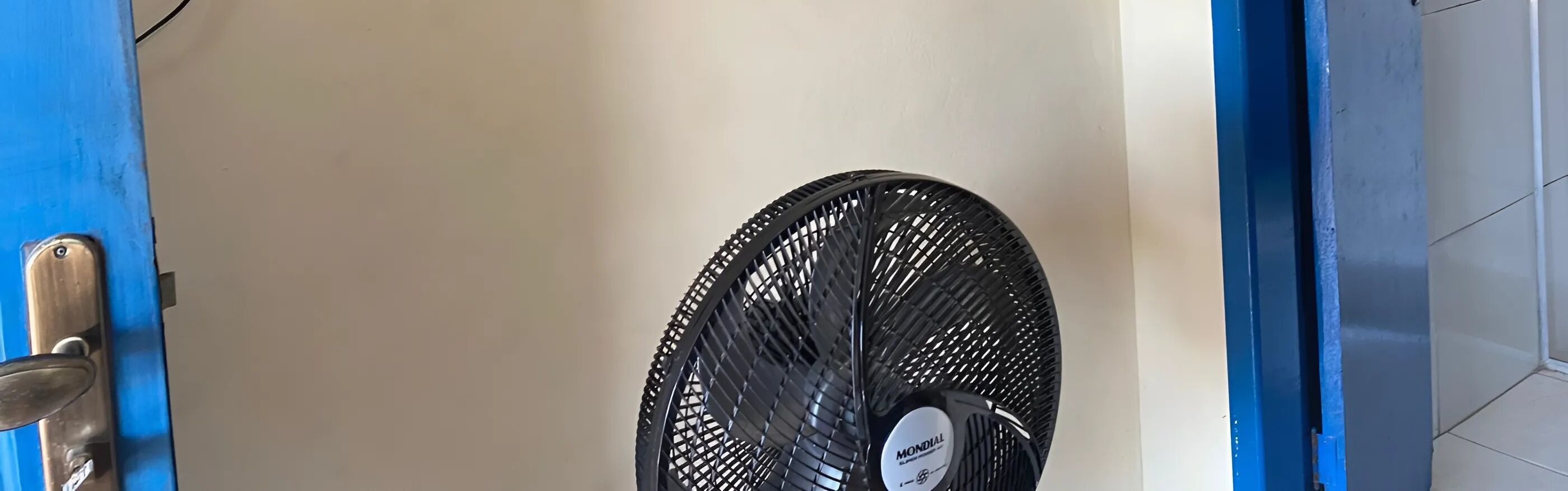 Un abanico negro con una etiqueta, apoyado contra una pared con un marco de puerta azul.