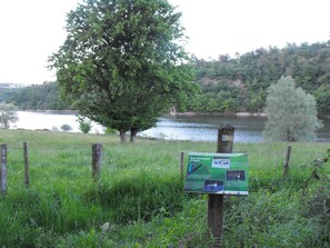 A signboard with information about local wildlife, set against a backdrop of a river, trees, and a grassy area.