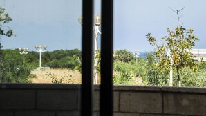 Vista a través de una ventana que muestra un muro de ladrillo, luminarias exteriores y follaje.