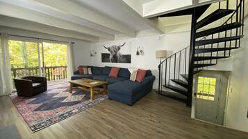 TV connectée, cheminée, livres, écrans d'ordinateur