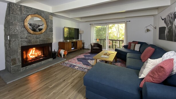 A living room with a stone fireplace, a television on a wooden stand, a sofa, and a view of the outdoors through large windows.