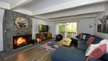 智能电视、壁炉、书、电脑显示器