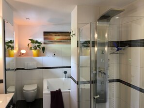 Ducha, bañera de hidromasaje, secador de pelo, toallas