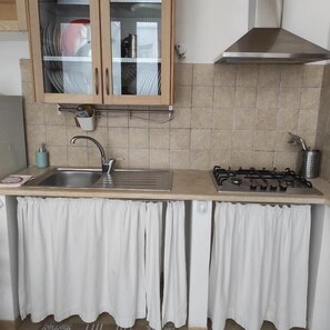 Superior appartement | Privékeuken | Een koelkast met diepvriezer, een microgolfoven, een oven, een kookplaat