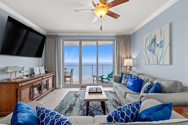 Condo, Multiple Beds, Patio, Ocean View | Living area | 50-inch flat-screen TV with cable channels - NEW Property! Vacation Right on the Gulf in Sand & Seafoam Villa. Sleeps 6! (Panama City Beach)