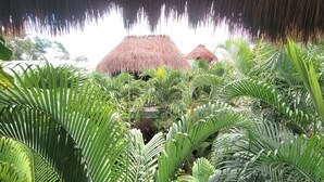 Un jardin luxuriant, agrémenté de constructions à toits de chaume et d’une végétation tropicale dense.