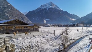 Een houten gebouw met een schuin dak, een sneeuwbedekt veld en een berg op de achtergrond.
