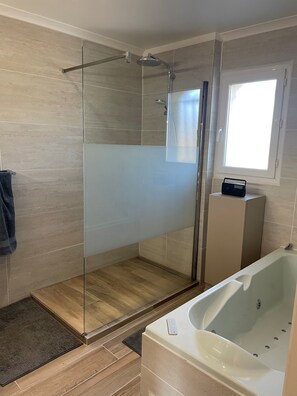 Shower, hair dryer, towels, soap