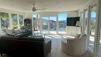 Smart TV, fireplace, books