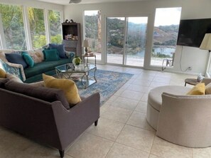 Smart TV, fireplace, books