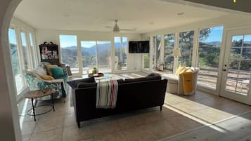 Smart TV, fireplace, books