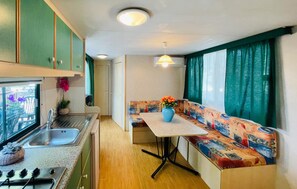 Fridge, stovetop, cookware/dishes/utensils