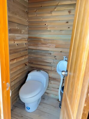 Shower, jetted tub, towels, soap