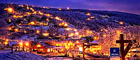 Paisaje nevado con edificios iluminados y un letrero.