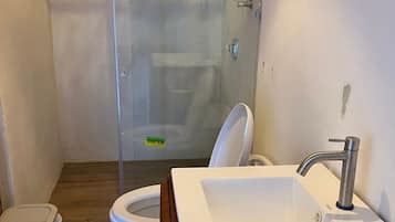 Shower, jetted tub, soap