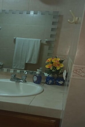 Chuveiro, toalhas de banho, sabonete, shampoo