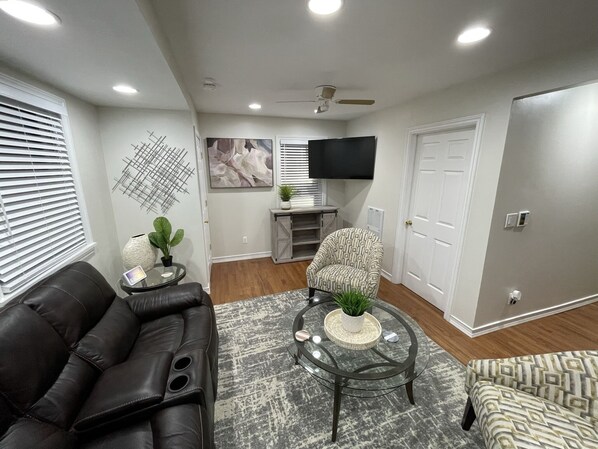 Smart TV, music library, video library, stereo